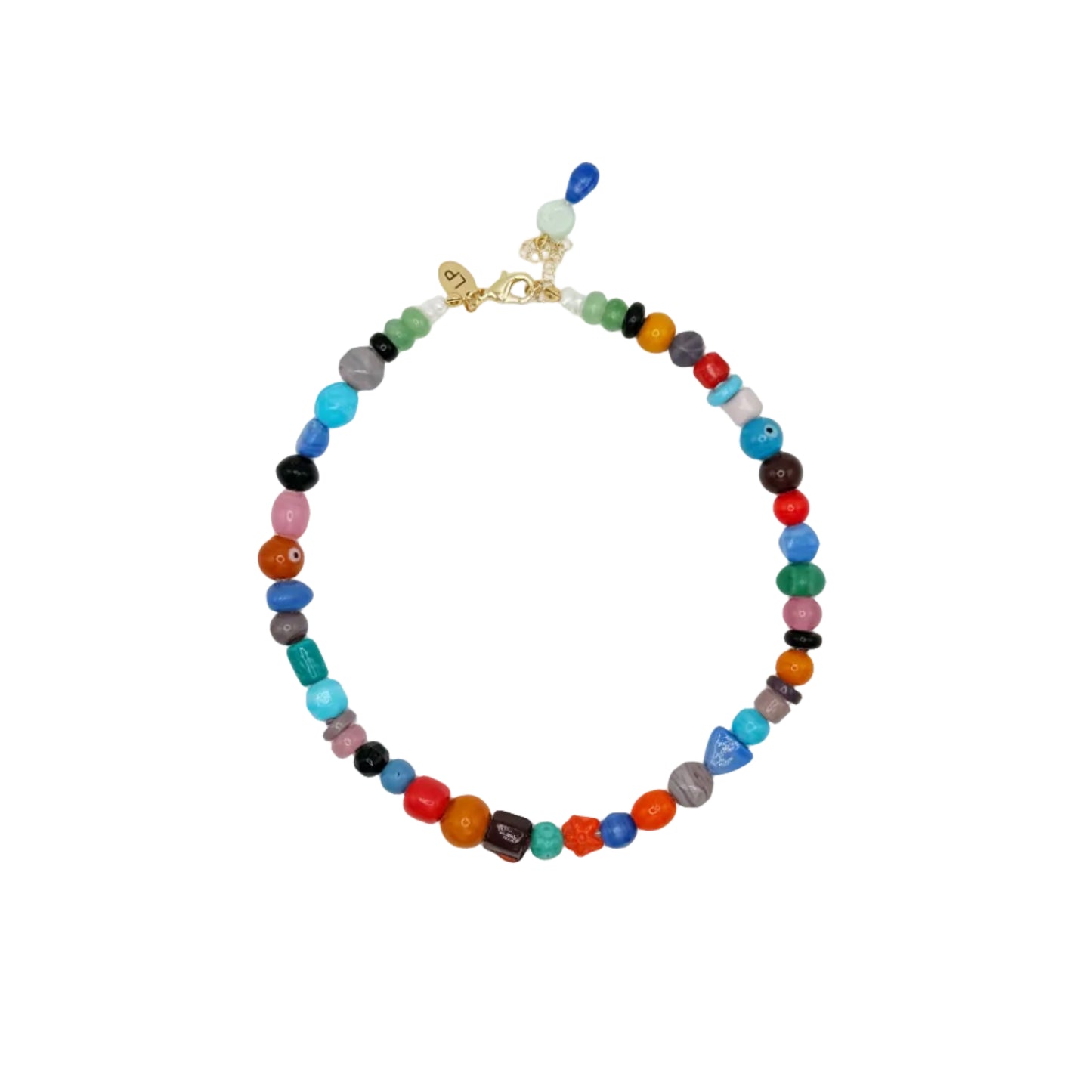 A beaded necklace with multicolored round and faceted beads, featuring a gold clasp, displayed on a clean white background.