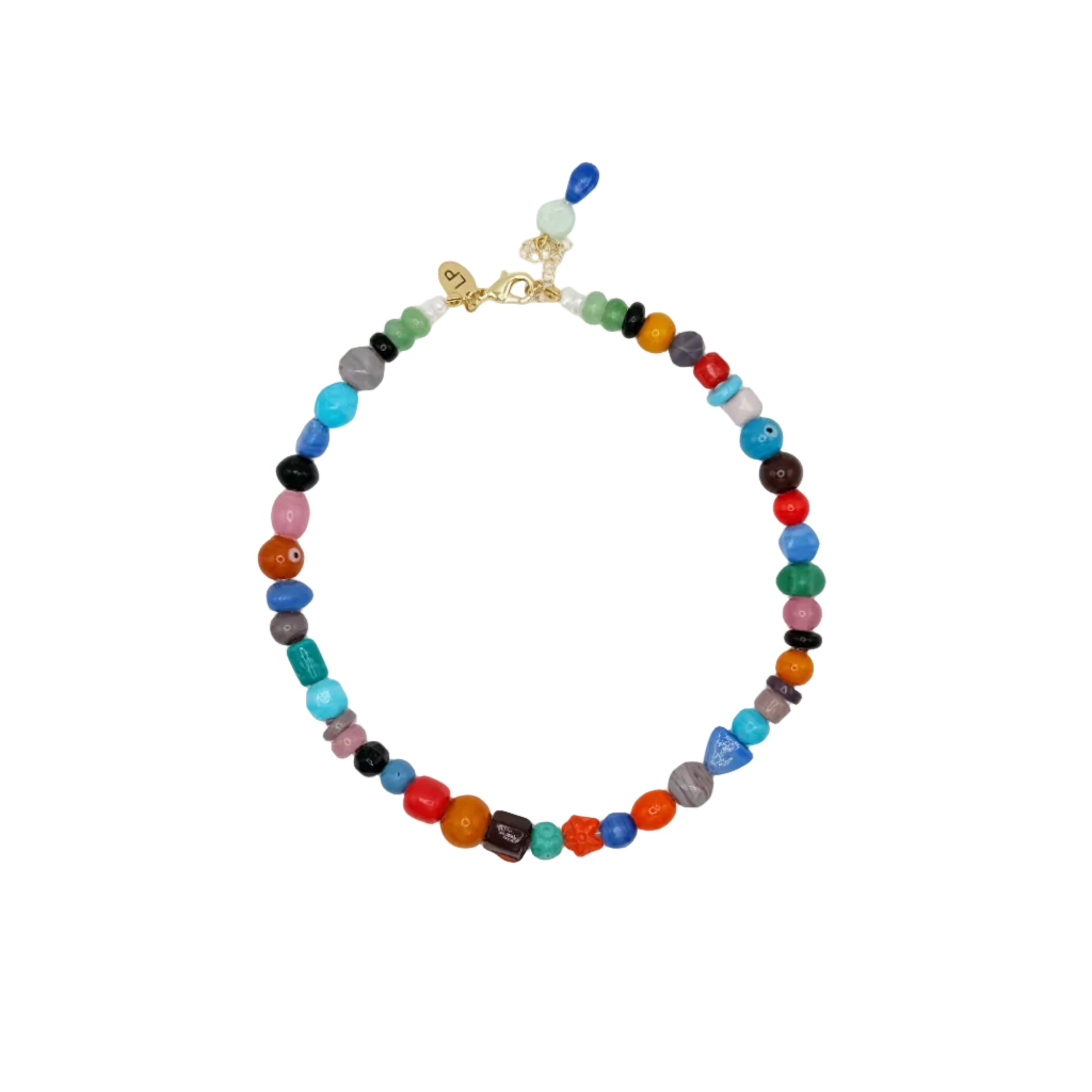 A beaded necklace with multicolored round and faceted beads, featuring a gold clasp, displayed on a clean white background.