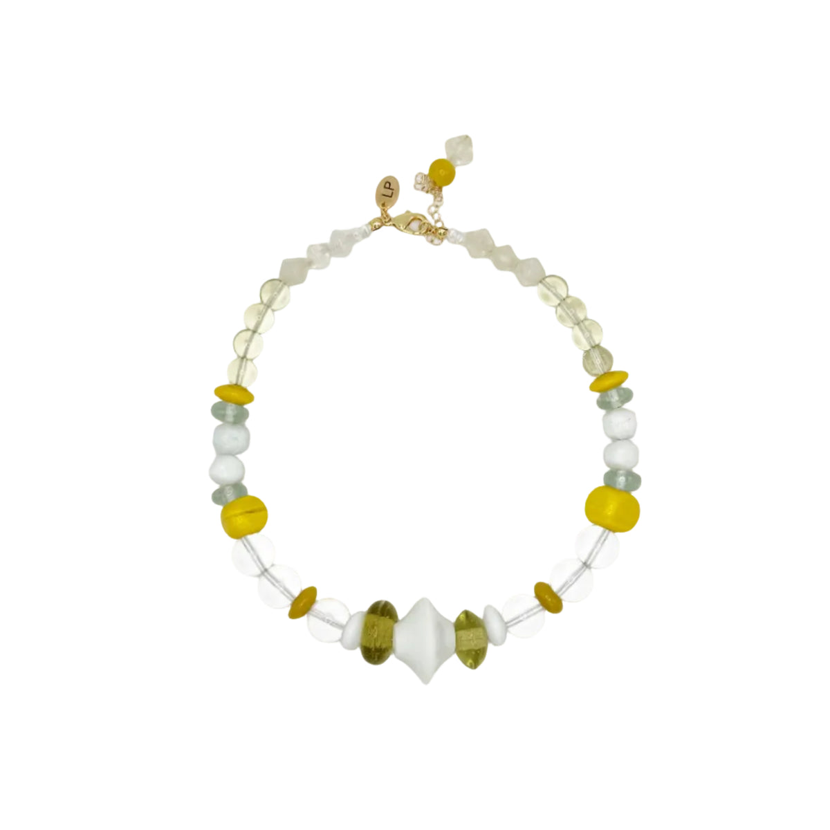 A beaded necklace with a gold clasp, featuring translucent white beads, light blue-green beads, yellow disc beads, and a central white oval bead, displayed on a clean white background.