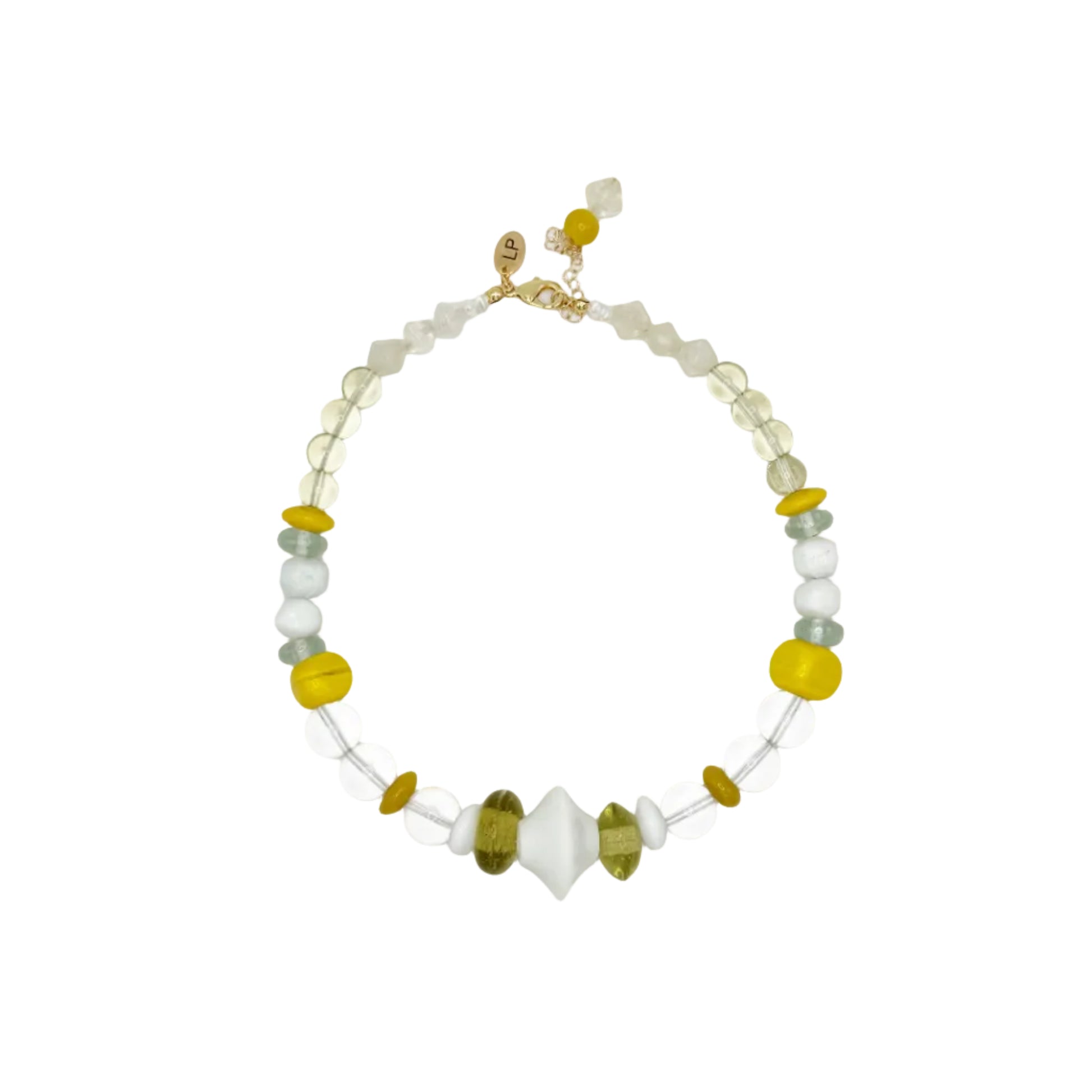 A beaded necklace with a gold clasp, featuring translucent white beads, light blue-green beads, yellow disc beads, and a central white oval bead, displayed on a clean white background.