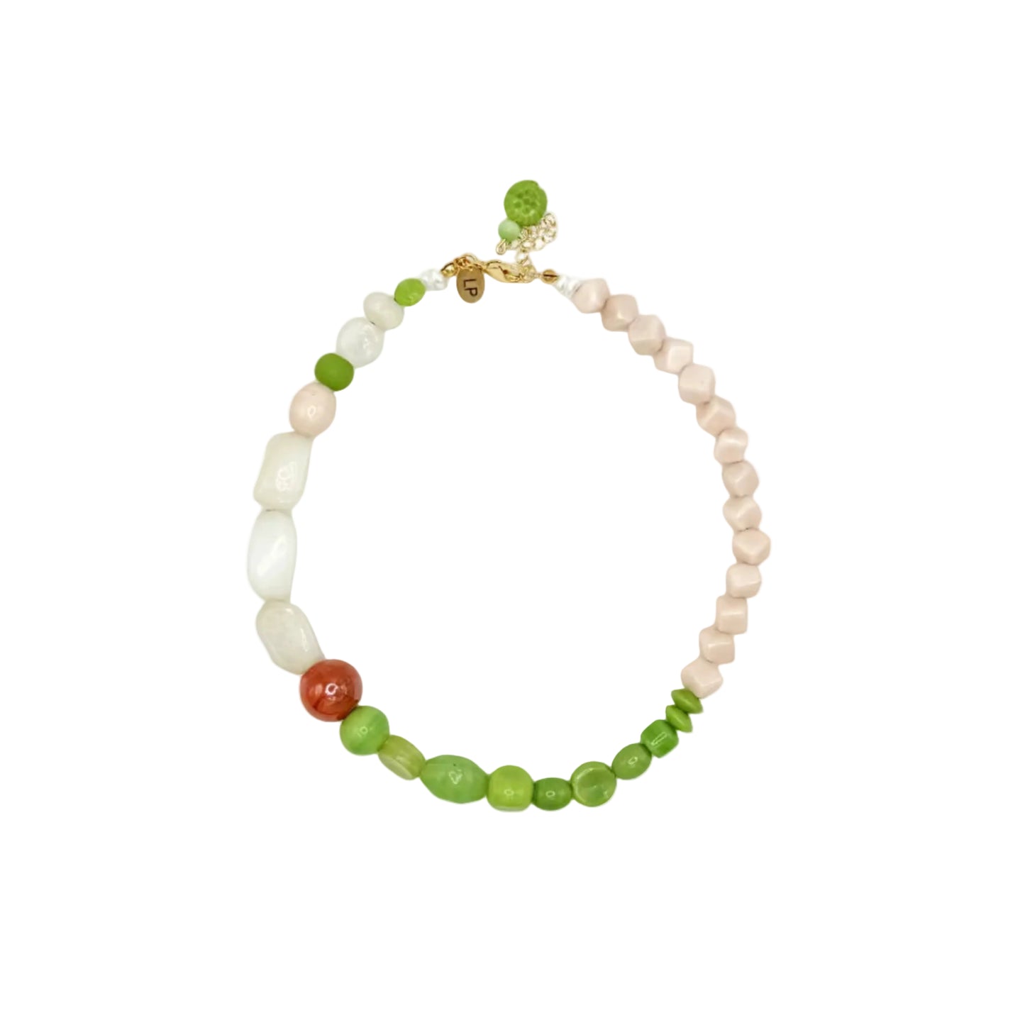 A beaded necklace featuring a mix of light pink, white, and green beads, accented by a single round red-orange bead and a small gold clasp, shown on a plain white background.