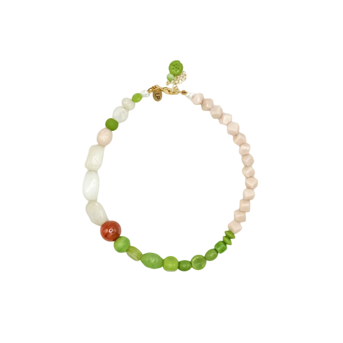 A beaded necklace featuring a mix of light pink, white, and green beads, accented by a single round red-orange bead and a small gold clasp, shown on a plain white background.