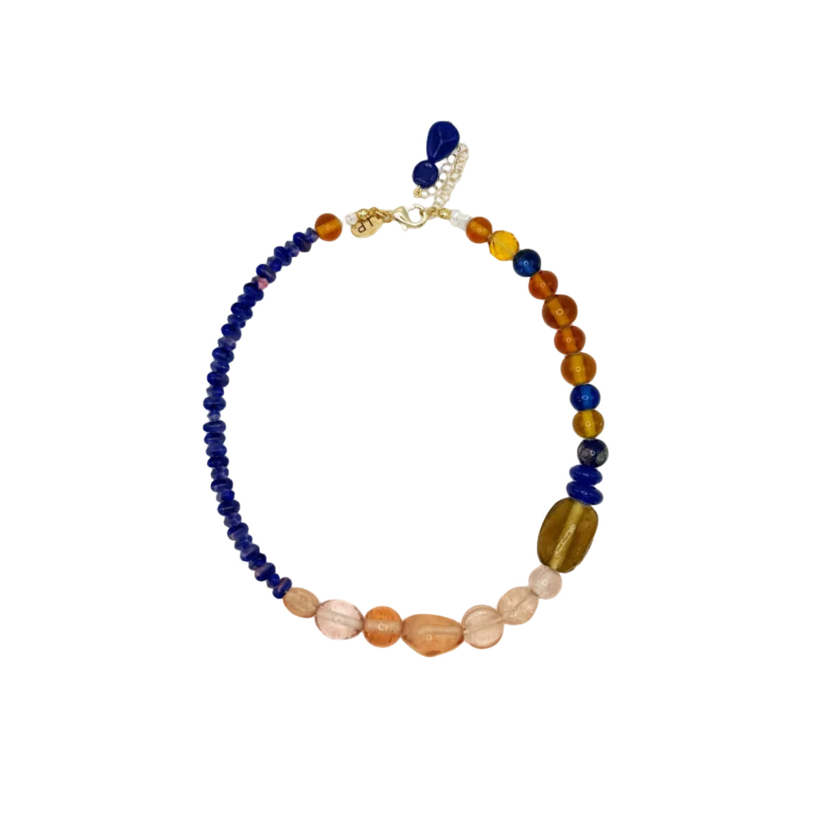 A beaded necklace with a mix of deep blue, amber orange, and light pink translucent beads, featuring a gold clasp, photographed on a plain white background.