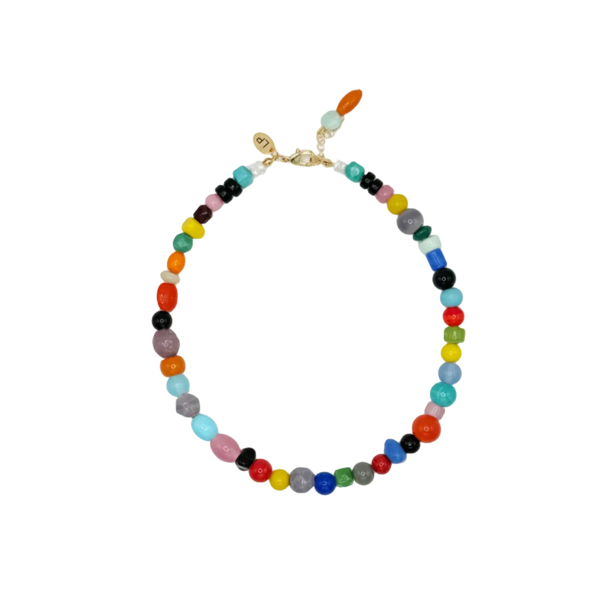 A beaded necklace with multicolored round and oval beads, featuring a gold clasp, displayed on a clean white background.