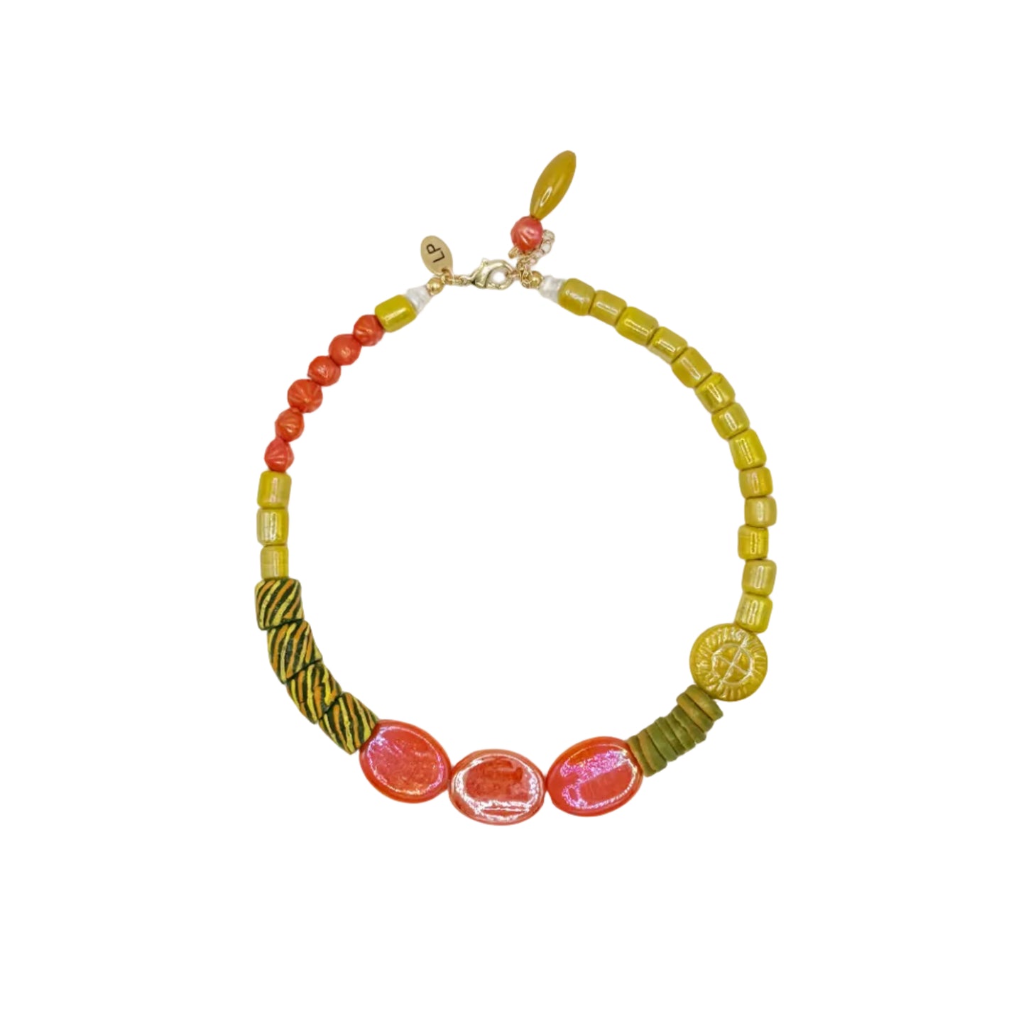 A handmade beaded necklace featuring yellow-green glass beads, orange-red beads, a striped green and gold cord accent, and three oval orange-red glass beads at the front, displayed on a clean white background.