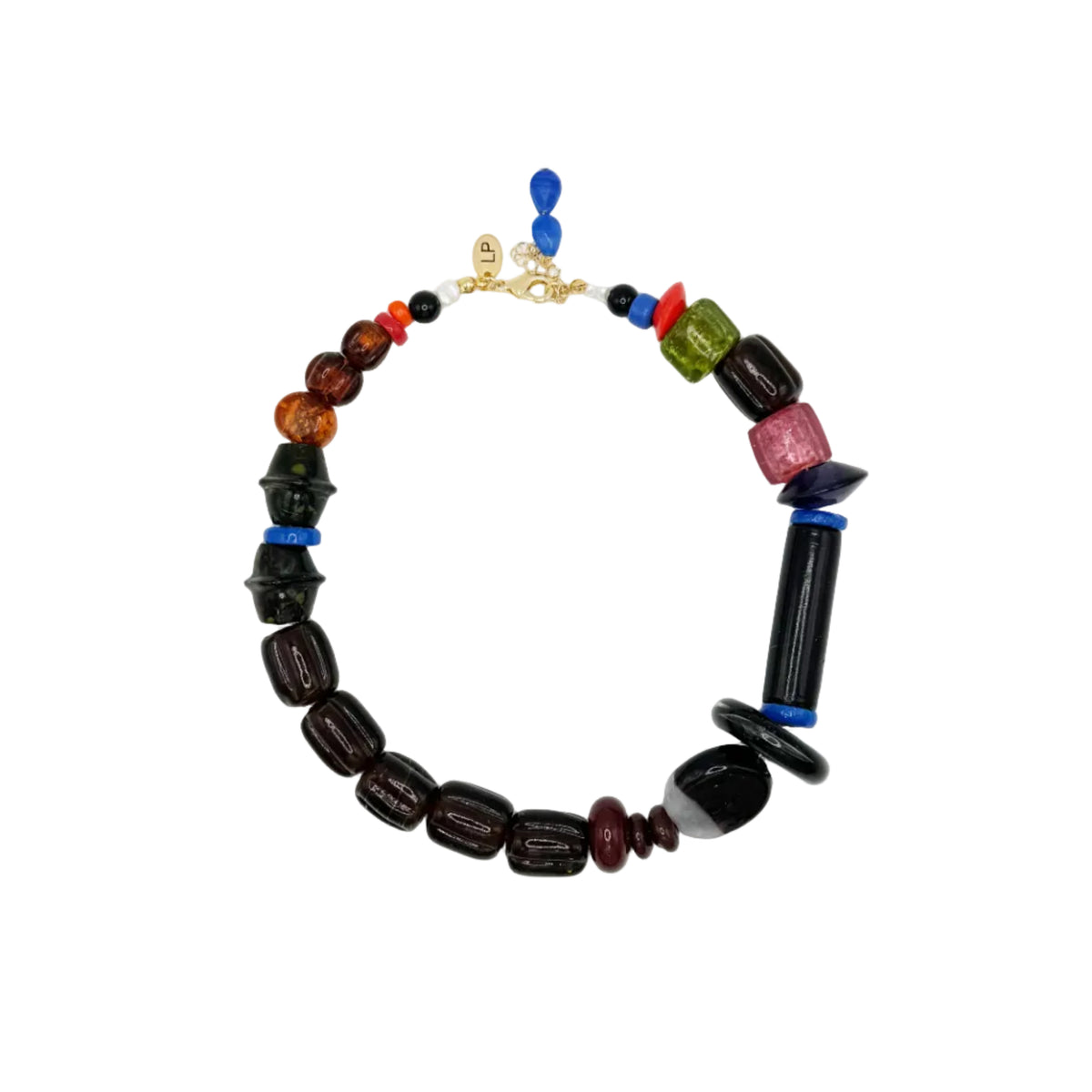 A beaded necklace arranged in a circle on a white background, featuring dark brown and black cylindrical beads, a green faceted bead, a pink faceted bead, small blue and red beads, and a gold clasp with blue and red accents.