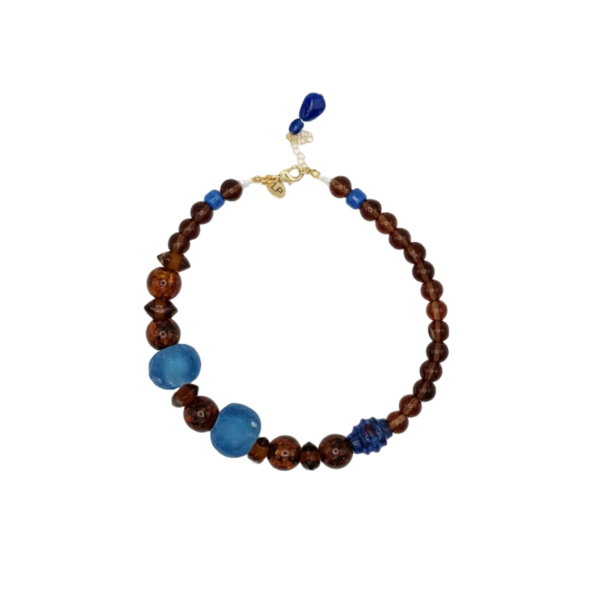 A beaded necklace featuring dark brown beads, two large smooth blue beads, a blue textured bead, and a gold-tone clasp, displayed on a clean white background.