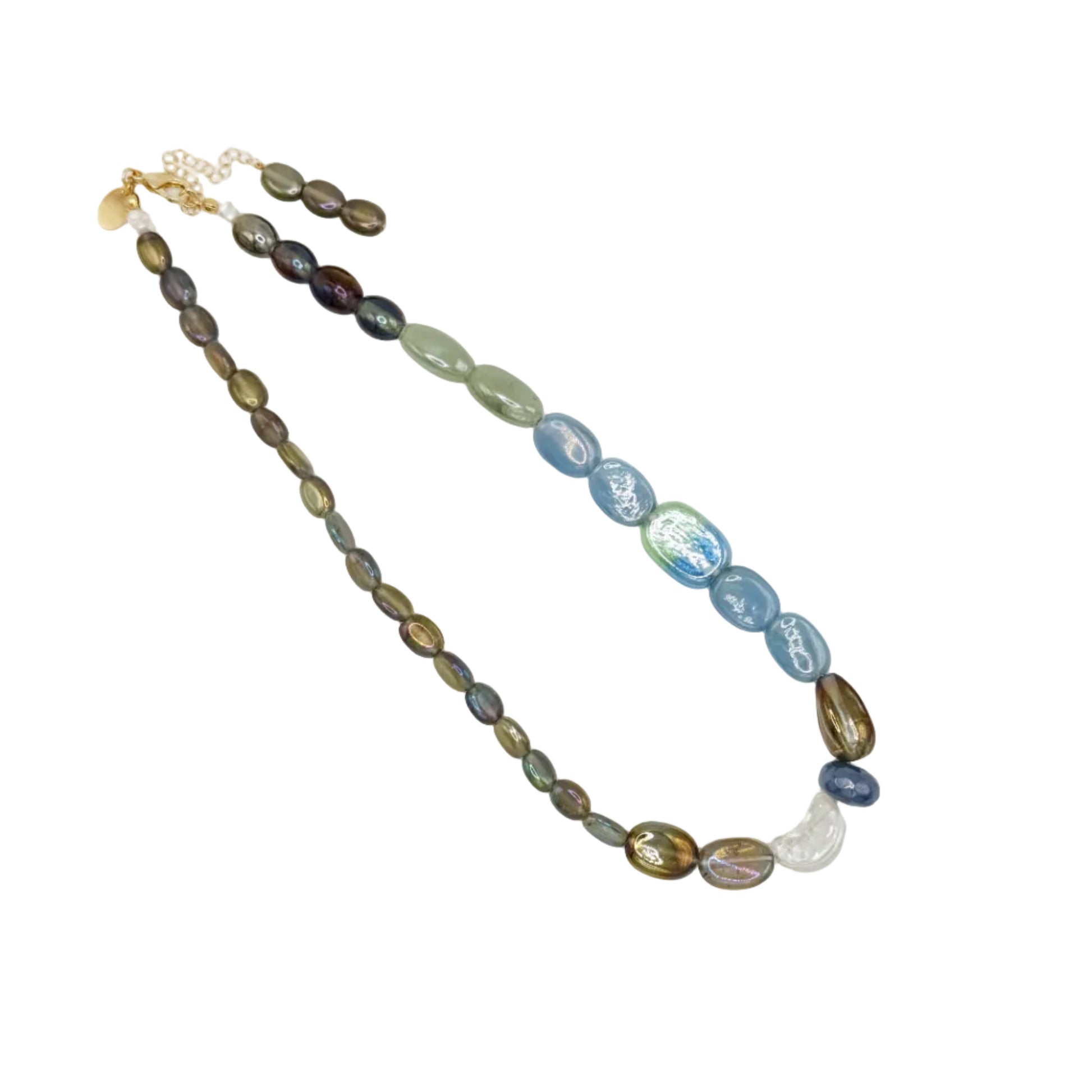 A multi-strand beaded necklace featuring various colored oval beads, including blue, green, brown, and white, with a gold-tone clasp, displayed on a plain white background.
